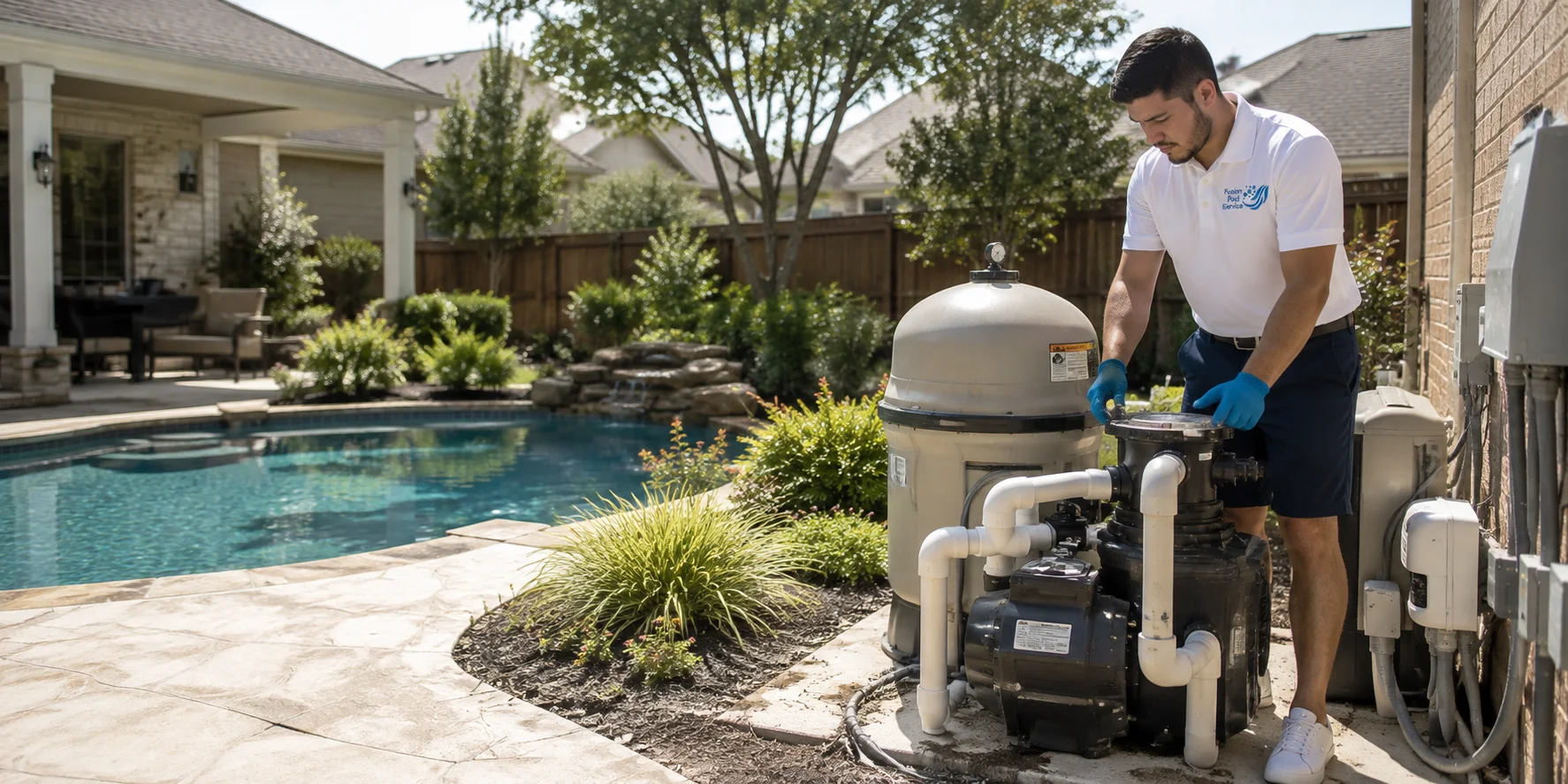 Fusion Pool Service technician servicing a backyard pool