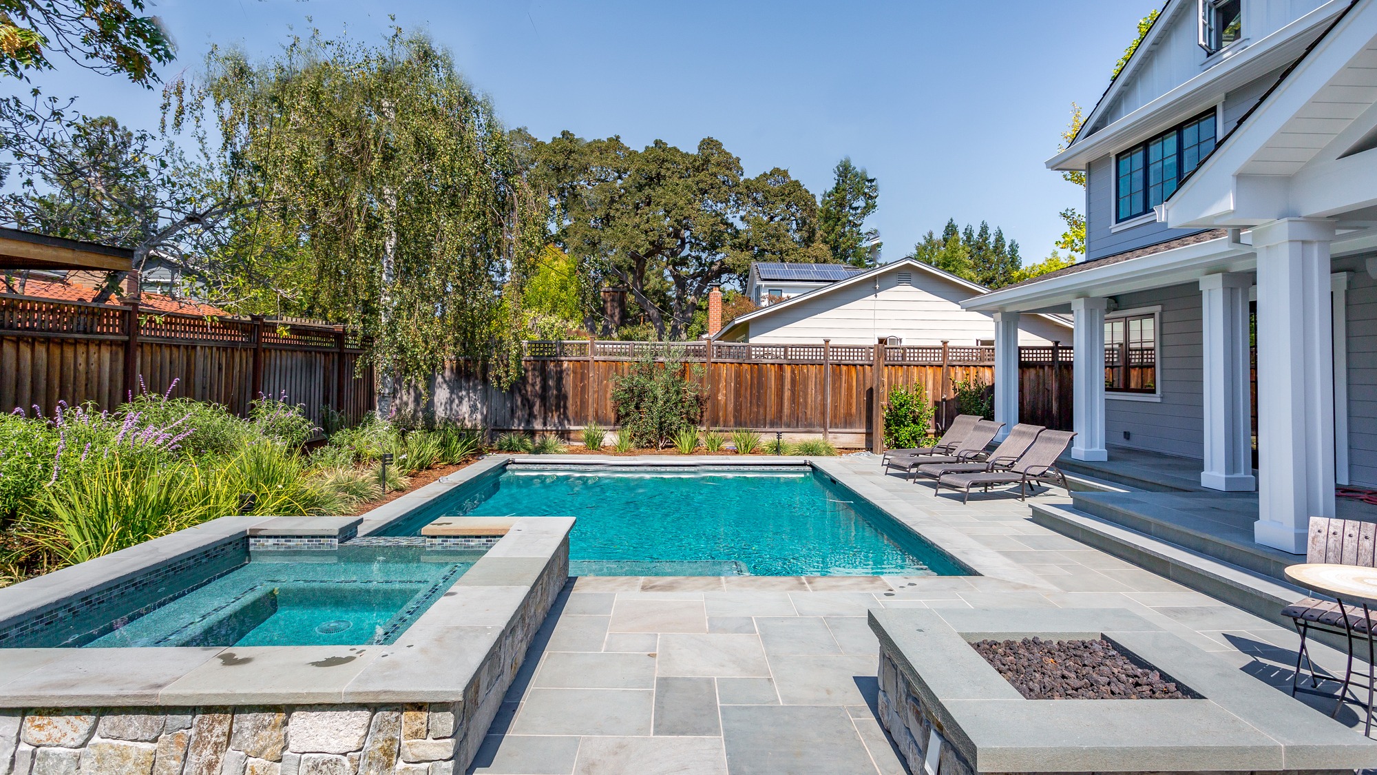 Custom Home Build, Menlo Park, California, Pool, Patio, Grass, Back Yard, Hot tub